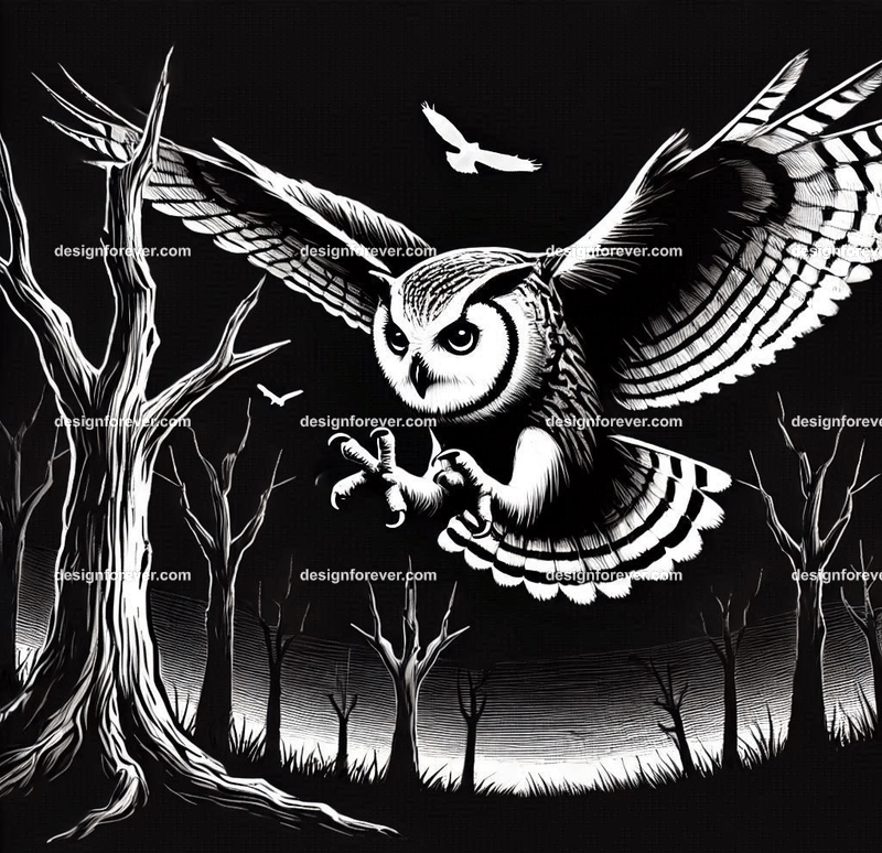 owl swooping down for prety in creepy dark woods with dead trees