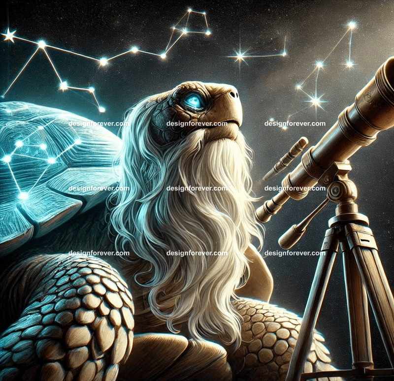A wise old turtle with a constellation map glowing on its shell, observing the stars through a magical telescope