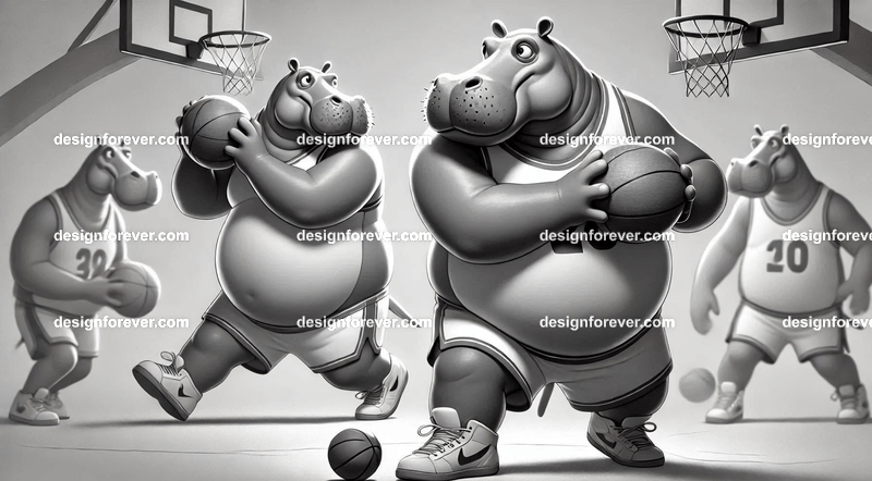 Anthropomorphs hippos as great basketball players