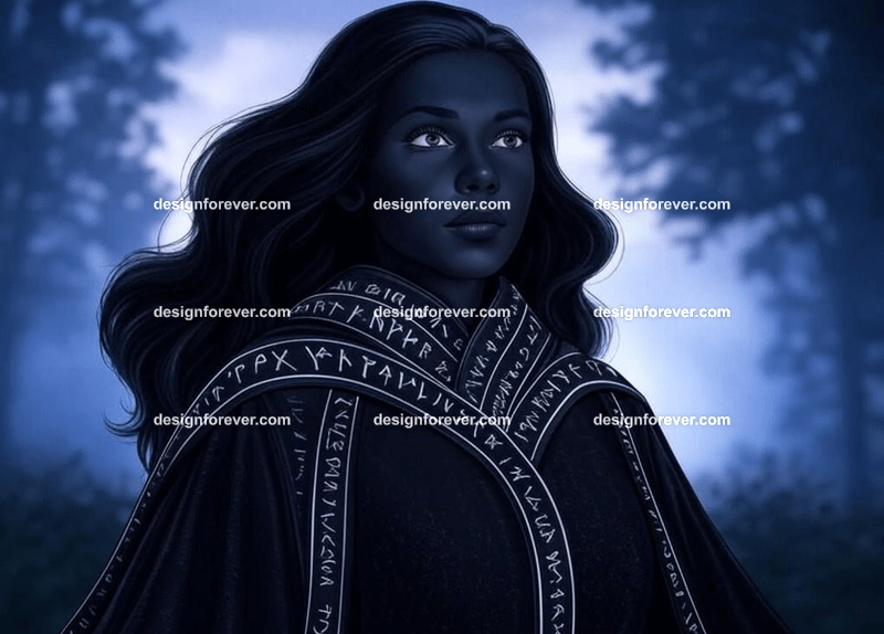 beautiful woman but with raven skin instead of human skin wearing black robe of magician with runes