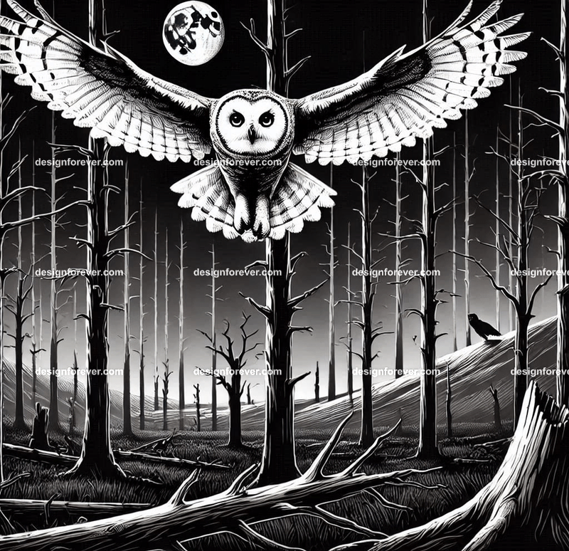 owl swooping down for prety in creepy dark woods with dead trees