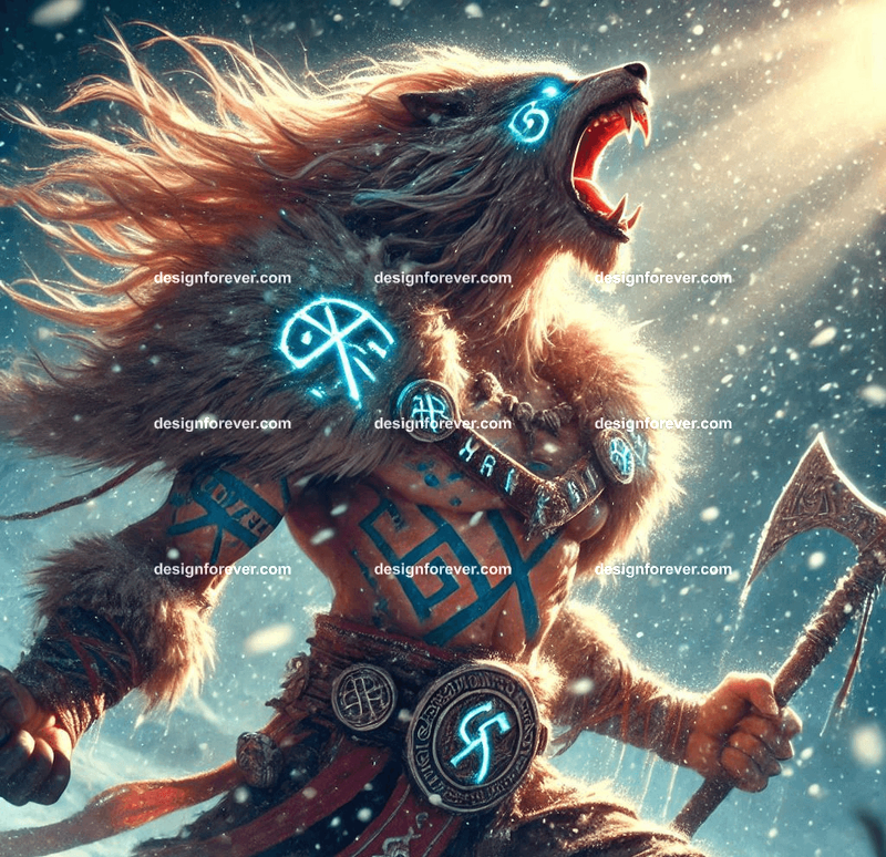 Fenrir as a Viking warrior, with battle scars and runes glowing on their fur, howling in a snowy battlefield
