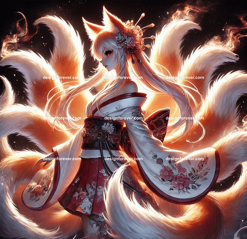 Kitsune in a silk kimono, with multiple tails glowing faintly, surrounded by mystical foxfire