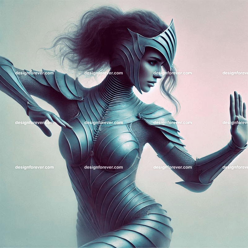 fierce woman in body suit armor in defensive pose