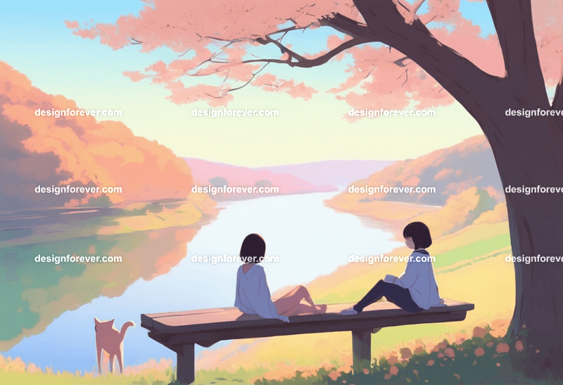 teen girl with a girl friend on tree branch of big old tree looking down at river