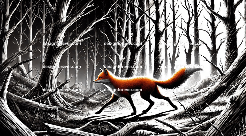 A fox navigating a creep black and white forest and dead trees