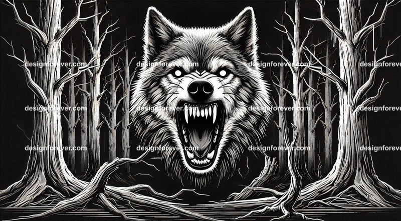 a wolf baring its teeth at you in creepy forest with dead trees