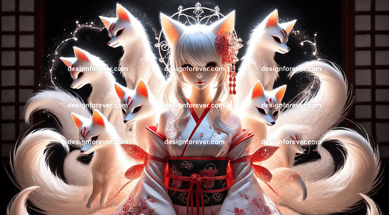 Kitsune in a silk kimono, with multiple tails glowing faintly, surrounded by mystical foxfire