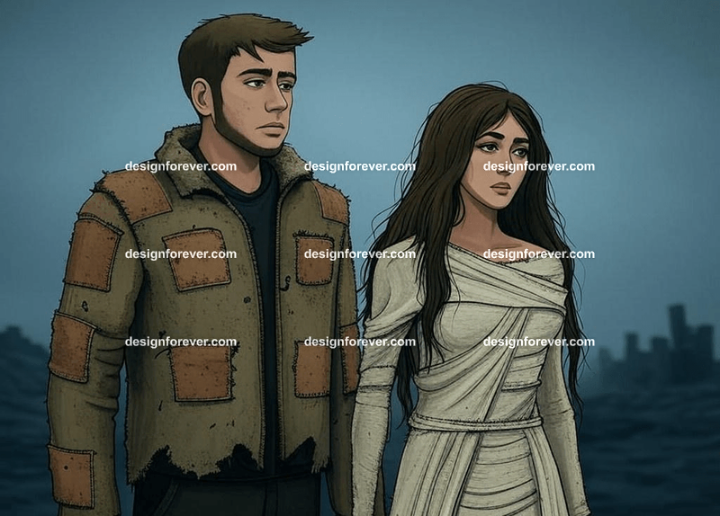 man and woman in dystopian world after nuclear war