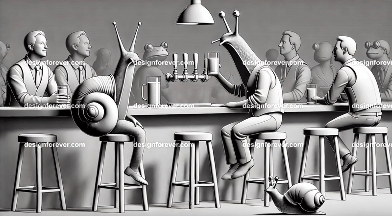 Anthropomorphs snails and frogs at bar