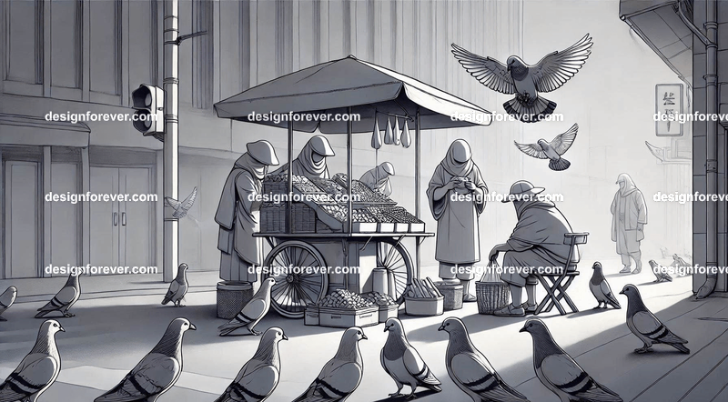 Anthropomorphs pigeons as street vendors