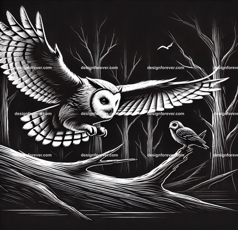 owl swooping down for prety in creepy dark woods with dead trees
