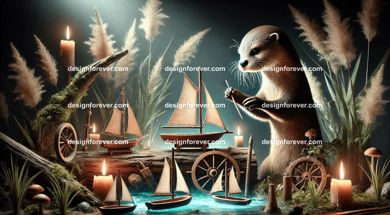 An otter crafting miniature boats from driftwood, surrounded by enchanted tools and glowing river reeds