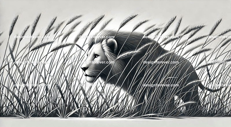 a lion hidden behind stalks of grass