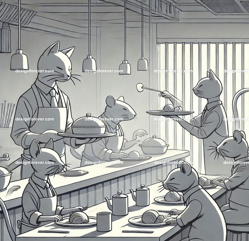 Anthropomorphs cats server food to rat customers at a restaurant
