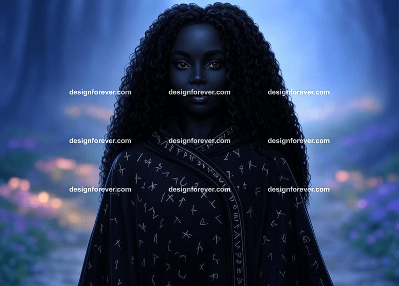 beautiful woman but with raven skin instead of human skin wearing black robe of magician with runes