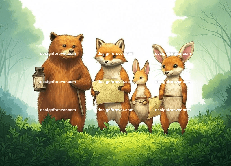 Animals as Storybook Adventurers – Characters styled like classic children's book illustrations