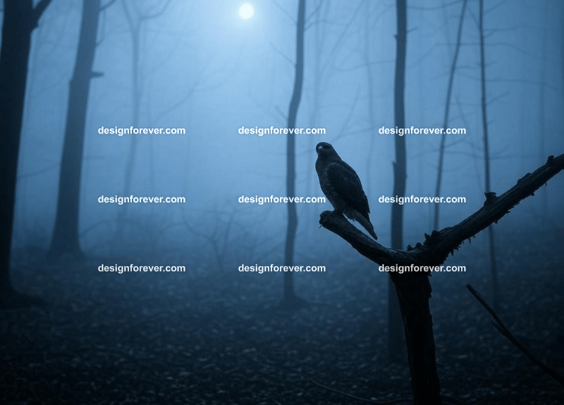 a hawk in creepy dark woods with dead trees
