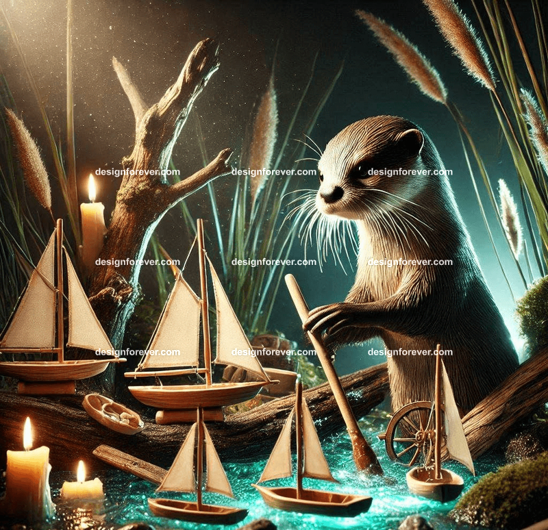 An otter crafting miniature boats from driftwood, surrounded by enchanted tools and glowing river reeds