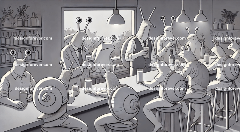 Anthropomorphs snails and frogs at bar