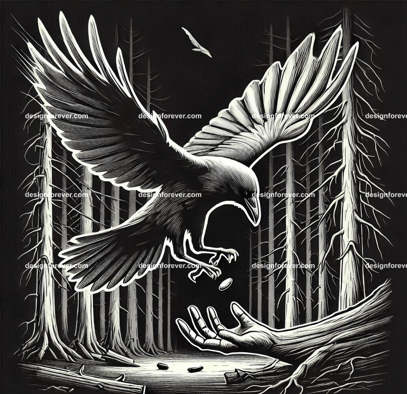 crow flying down towards its prey on ground in dark forest with dead trees