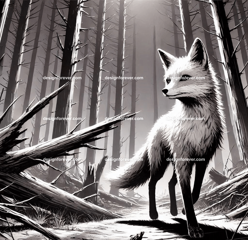 A fox navigating a creep black and white forest and dead trees
