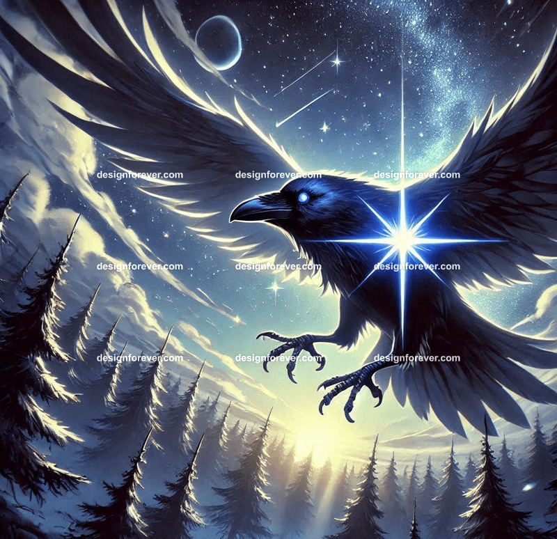 A raven with a star glowing in its beak, flying through a twilight sky over a mystical forest