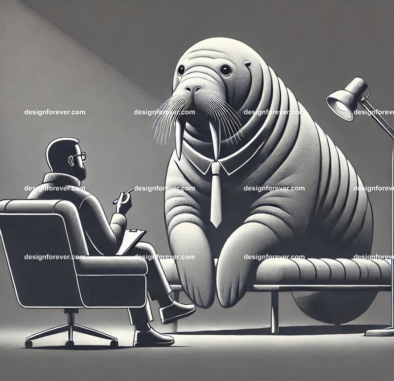 Anthropomorphs walruses as psychiatrist talking to patient on couch