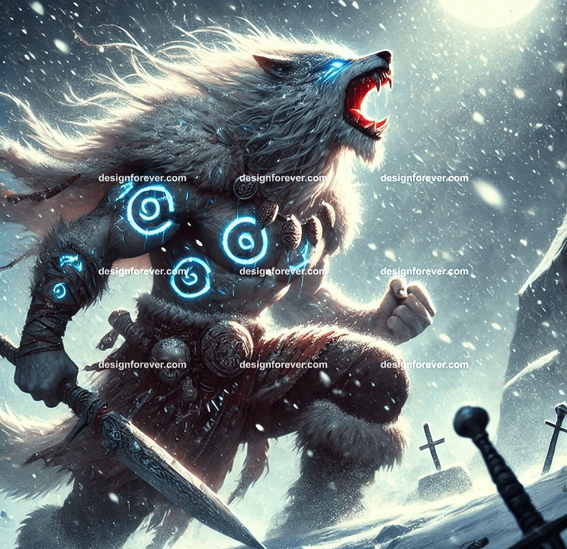 Fenrir as a Viking warrior, with battle scars and runes glowing on their fur, howling in a snowy battlefield
