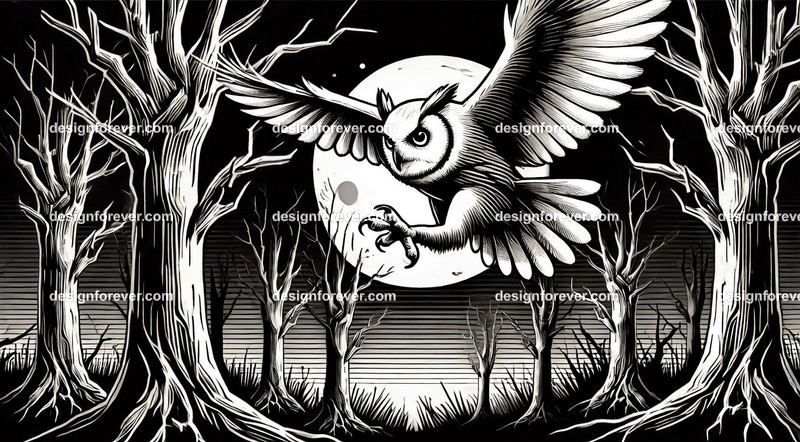 owl swooping down for prety in creepy dark woods with dead trees