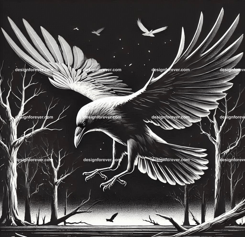 crow flying down towards its prey on ground in dark forest with dead trees