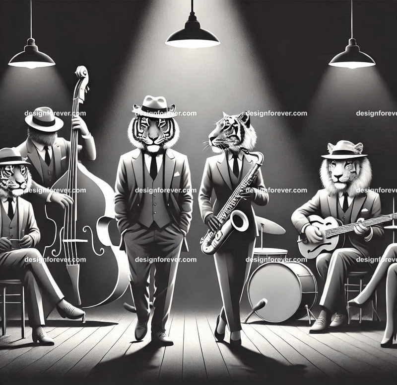 Anthropomorphs tigers and lions as 1920s jazz musicians with suits, fedoras, and instruments in dark smoky room
