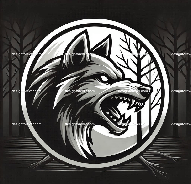 A wolf baring its teeth in a creepy forest with dead trees, barely visible except for its bright eyes