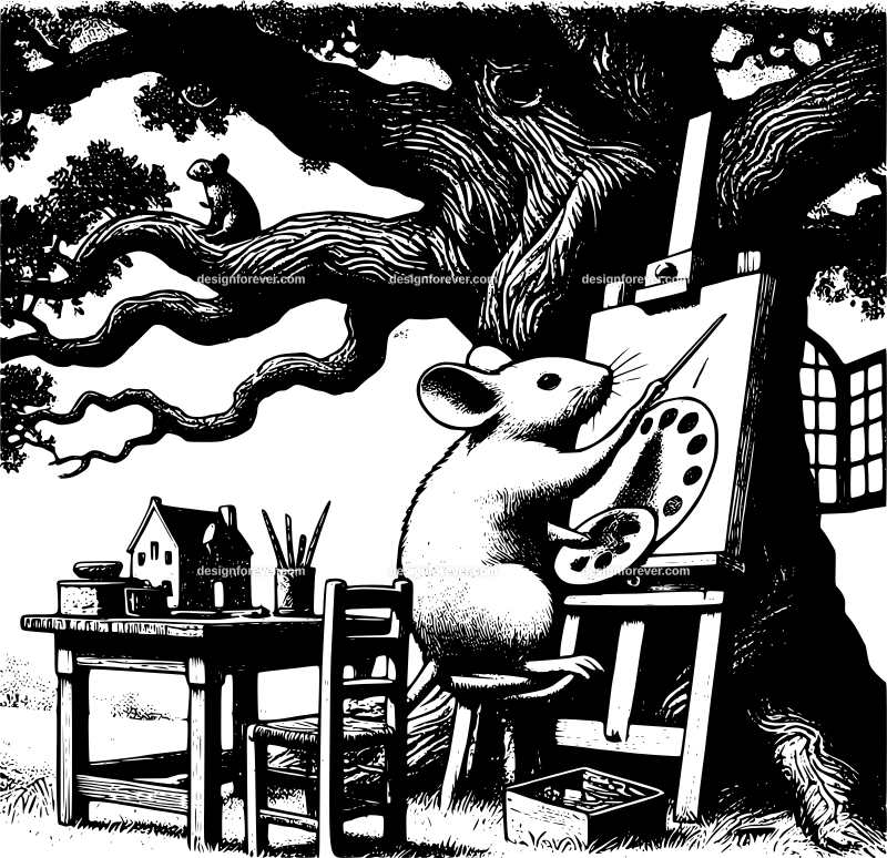 anthromorphic mouse doing artwork in his living room inside an old oak tree