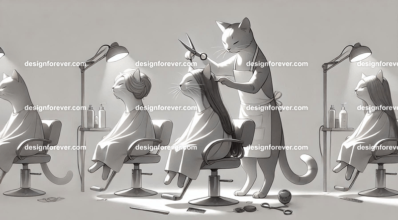 Anthropomorphs cats as hair dressers