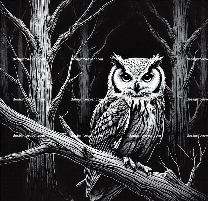 owl on a dead branch in creepy dark woods with dead trees