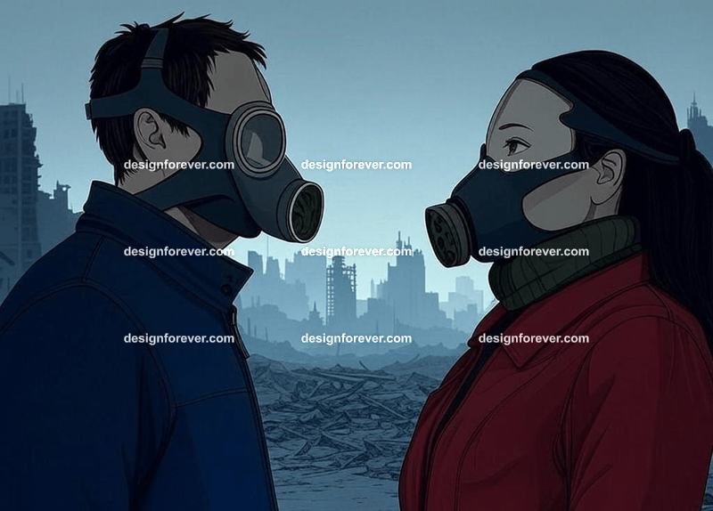 man and woman in dystopian world after nuclear war