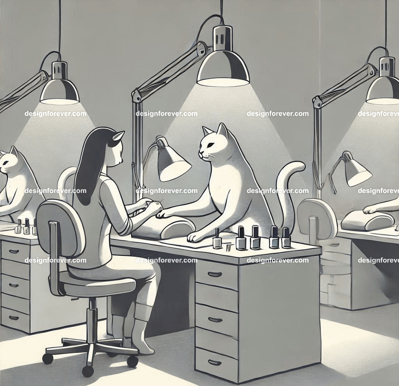 Anthropomorphs cats doing nails in nail salon for people