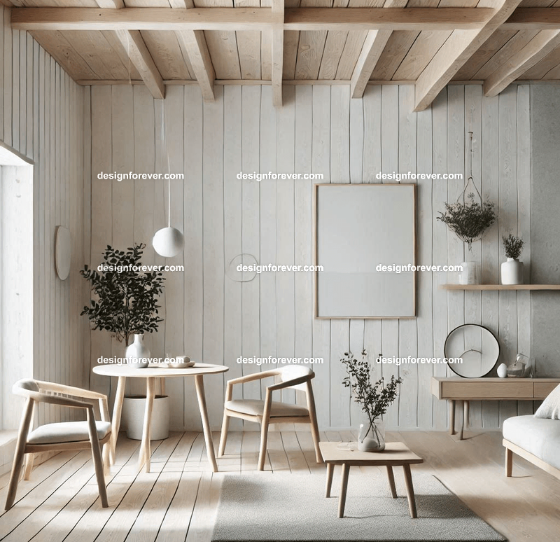 A minimalist Scandinavian interior with light wood textures, clean furniture, and a soothing palette of whites and grays