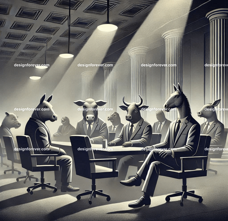 Anthropomorphs animal farm animals as senators in congressmen in dark smoky room insider trading with businessmen