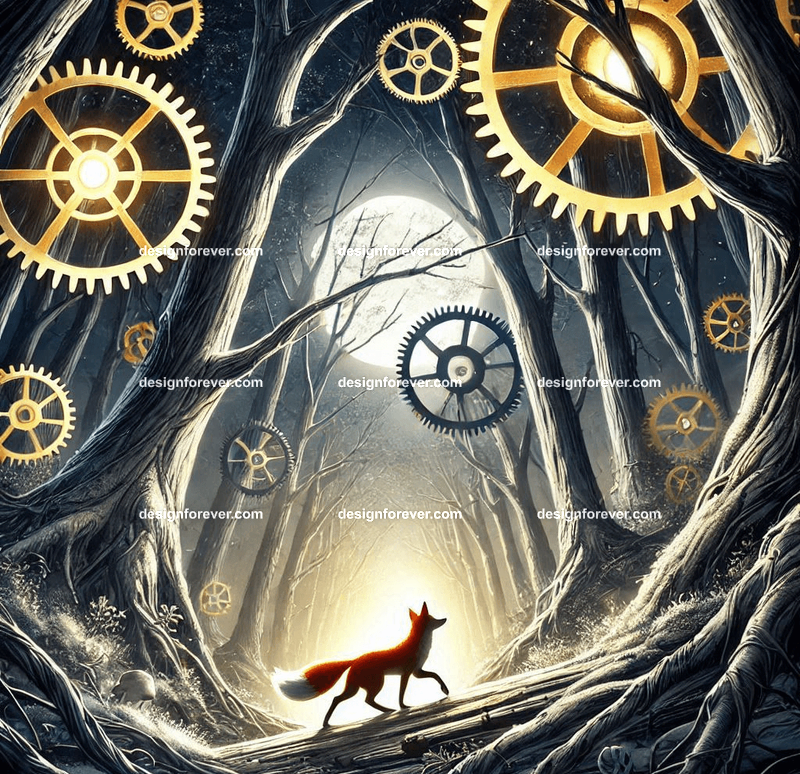 A fox navigating a forest where the trees have clockwork mechanisms, with gears glowing faintly in the moonlight