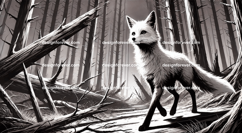 A fox navigating a creep black and white forest and dead trees