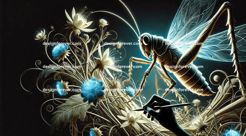 A grasshopper designing intricate, glowing structures made of vines and flowers for woodland creatures