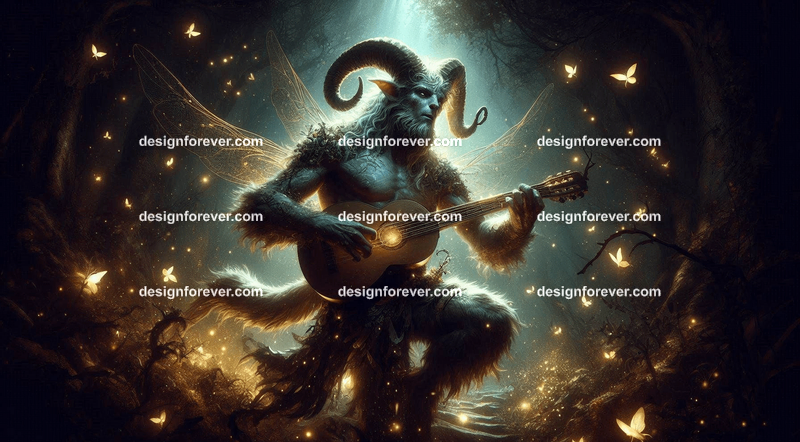 Satyr with a lute, playing music in an enchanted forest, surrounded by glowing fireflies