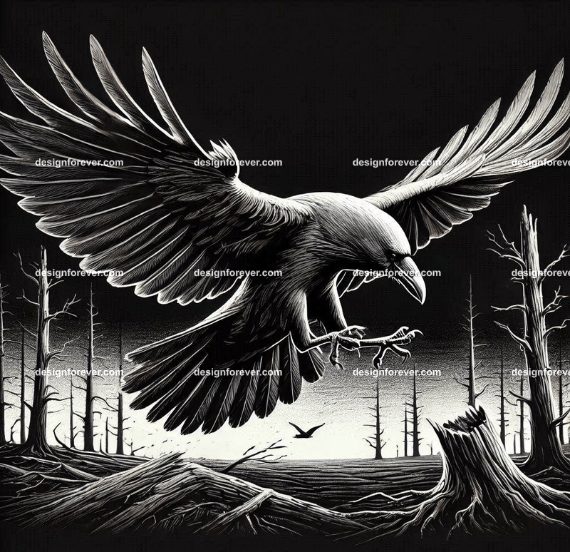 crow flying down towards its prey on ground in dark forest with dead trees