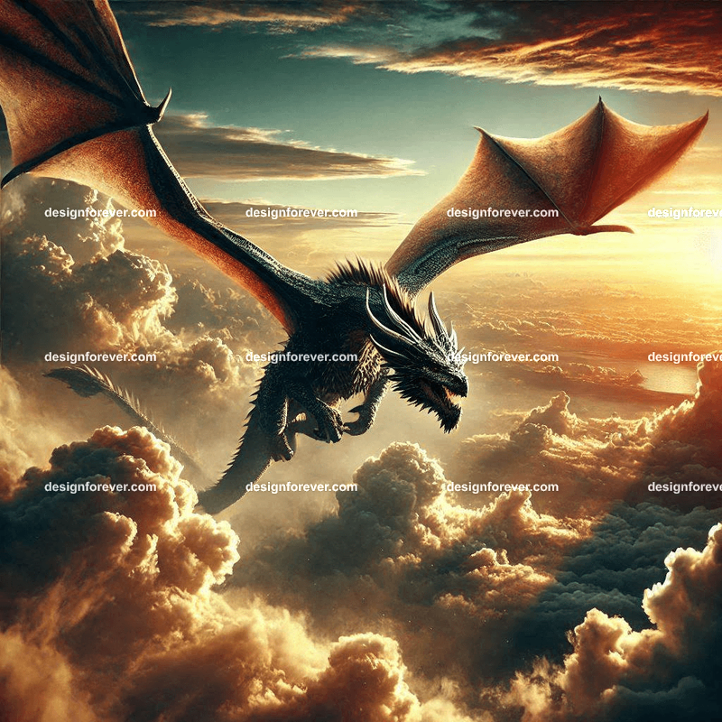 The flight of the dragons above majestic clouds and dark sky