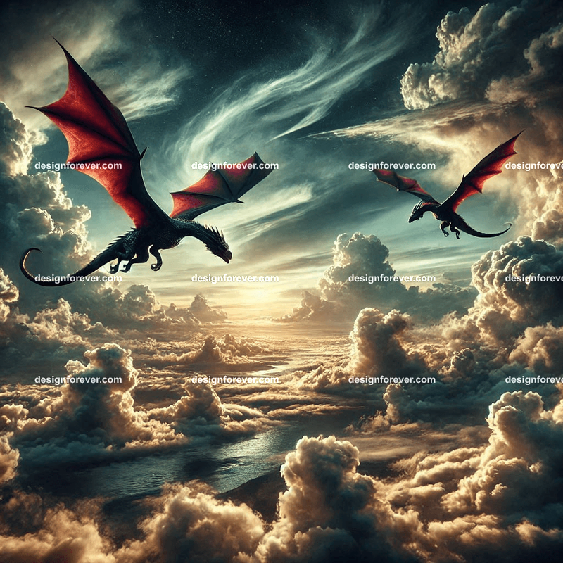 The flight of the dragons above majestic clouds and dark sky