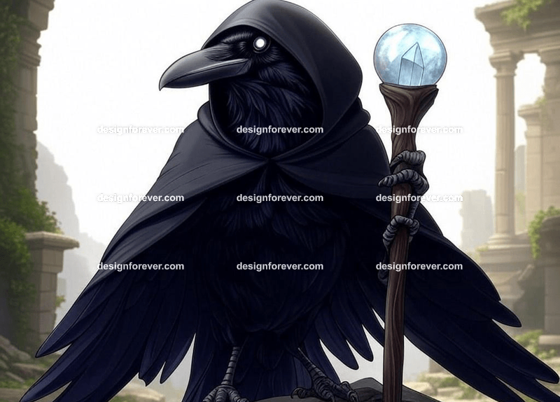 Mysterious raven in a dark hooded cloak