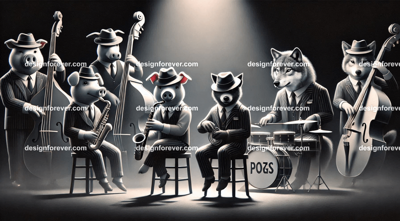 Anthropomorphs pigs and wolves as 1920s jazz musicians with suits, fedoras, and instruments in dark smoky room