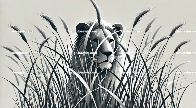 a lion hidden behind stalks of grass